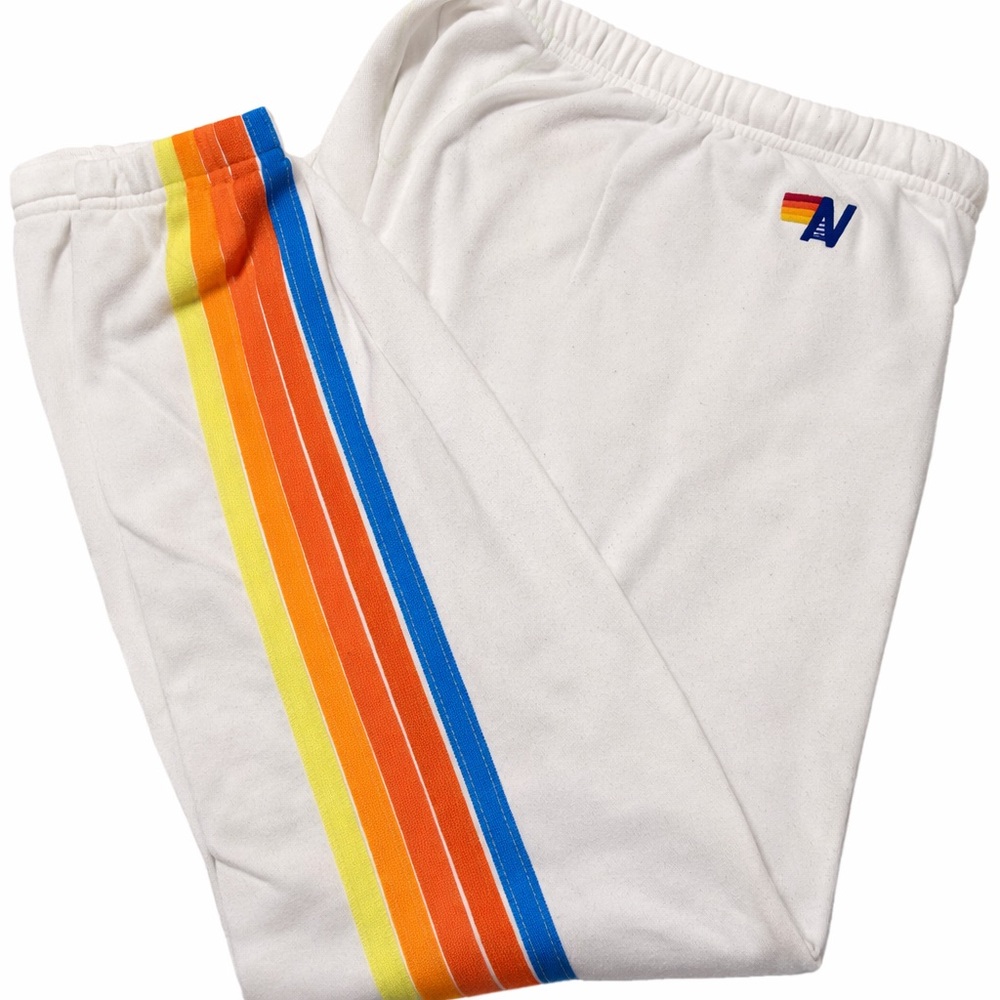 Aviator Nation White Cropped Sweatpants with Rainbow Stripe
